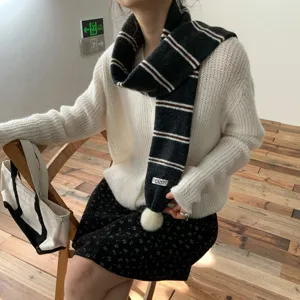 Korean style knitted striped scarf with pom pom for women autumn winter warm neck warmer