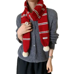 Red knitted striped winter scarf with cute pom poms for women warm cozy neck warmer