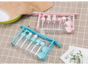 Travel toiletry bottles 11-piece set clear portable cosmetic bags with spray and pump.