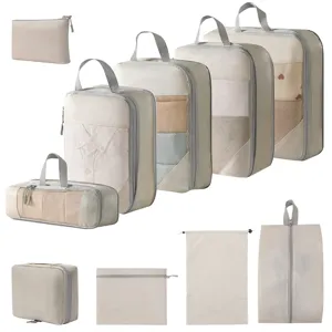 Reise Packtaschen Set, beige Koffer-Organizer für Kleidung, Schuhe und Kosmetikartikel.