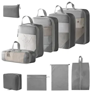 Graues Reise-Packtaschen-Set, Kompressions-Organizer-Taschen für Kleidung, Schuhe und Gepäck.