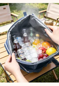 Detailed view of insulated cooler backpack showing large capacity with ice and drinks for picnic.