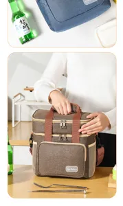 Double layer insulated lunch bag in brown, portable thermal picnic food storage bag for daily use.