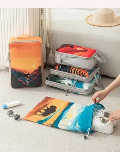 Details of printed 5-piece travel storage compression bags set with waterproof material.