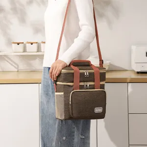 Double layer insulated lunch bag crossbody thermal cooler bag for picnic food storage