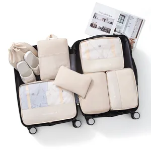7-piece travel packing cubes set, beige mesh luggage organizers for clothes, toiletries.