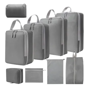 9 Stuks Reizen Inpak Kubussen Set Compressie Bagage Organizer Grijs Opslag Tassen