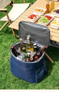 Insulated picnic cooler bag with shoulder strap, ideal for outdoor camping and food storage.