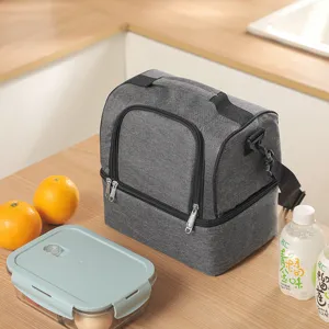Double layer insulated lunch bag with shoulder strap grey portable cooler bag for picnic