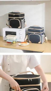 Double-layer insulated lunch bag portable cooler bag with crossbody strap for picnic.