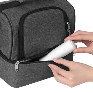 Close-up of insulated lunch bag zipper pocket detail with gray fabric and smooth metal zipper.