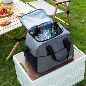 Insulated lunch bag for outdoor picnic, thick cooler tote with adjustable shoulder strap, gray.