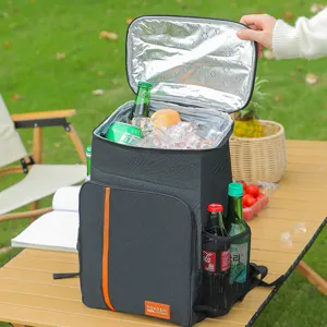 Insulated cooler backpack for outdoor picnic camping, black waterproof thermal lunch bag with ice.