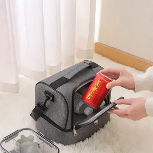 Insulated lunch bag double layer cooler bag gray portable thermal food picnic storage