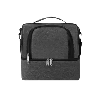 Double layer insulated lunch bag portable cooler bag grey shoulder meal prep bag waterproof