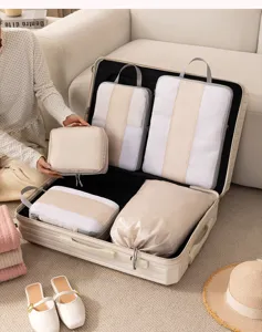 Detailansicht des Kompressions-Reise-Packtaschen-Sets, ordentlich im Koffer verstaut.