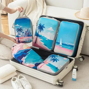 5-Piece Travel Packing Cubes Set with Beach Print Luggage Organizers for Clothes