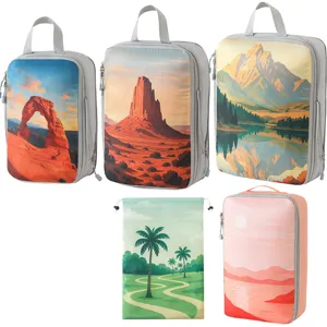 Scenic landscape print travel packing cubes set, lightweight compression bags for luggage.