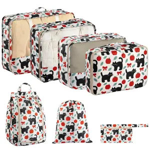 Set di 7 cubi da imballaggio da viaggio con simpatico gatto nero e stampa di mele per valigie