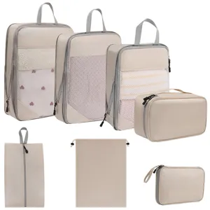 7-piece travel packing cubes set compression luggage organizers bags for clothes shoes beige
