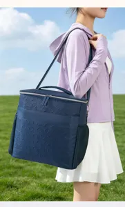 Blue insulated cooler bag with cross-body strap, perfect for outdoor picnics and daily lunch.