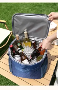 Insulated cooler bag interior detail showing large capacity with ice and drinks for picnic.