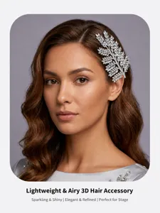 Crystal leaf hair clip detail showing sparkling rhinestones and elegant wedding headpiece design.