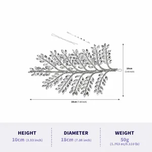 Rhinestone leaf bridal hair accessory size chart showing dimensions 18x10cm and weight 50g.