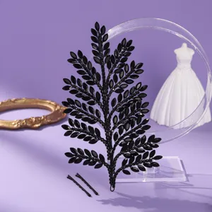 Black rhinestone leaf bridal hairpiece wedding party head accessory with hairpins.