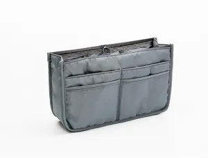 Organizador de bolso gris con múltiples bolsillos bolsa de almacenamiento para viajes.