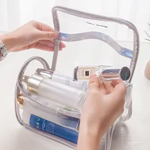 Clear travel toiletry bag with holographic handle, waterproof large makeup pouch organizer