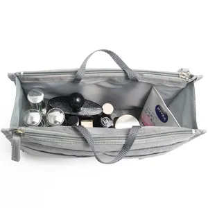 Portable double zipper travel cosmetic organizer bag, versatile inner liner storage handbag.