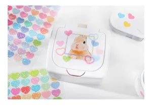 Detail view showing holographic heart PET stickers applied on a white storage case with cute rabbit.