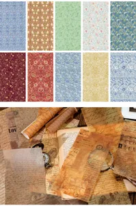 Vintage journaling scrapbooking paper material pack with botanical and script designs.