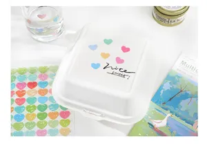 Cute heart printed white paper bento box and matching colorful sticker set for daily use.