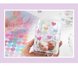 Transparent mini binder photocard holder with cute heart glitter stickers and pig card.