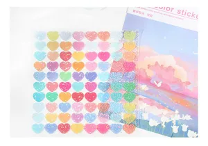 Glitter heart PET sticker sheet, colorful starlight planner decorative stationery supplies.