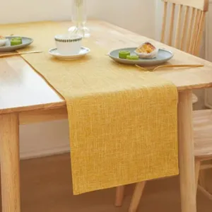 Minimalist thickened linen table runner for dining room, elegant yellow kitchen decor detail.