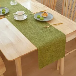 Green linen table runner for dining room, minimalist solid color flat-angle home table decor.