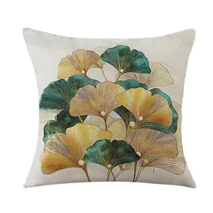 Minimalist ginkgo leaf cushion cover detail, elegant home sofa accent pillow for modern decor.