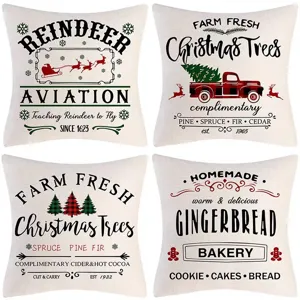 Christmas linen pillow covers set, vintage holiday decorative cushion cases for sofa home.