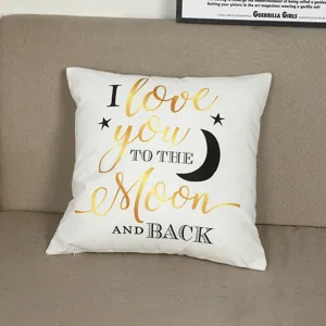 White decorative throw pillow cover with love quote and moon print for sofa living room.
