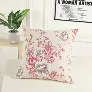 Close up of European vintage floral throw pillow cover with elegant red and grey peony print.