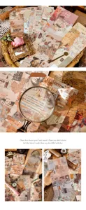 Detail view of retro scrapbook material paper pack with vintage newspaper and art design.