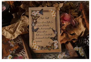 Retro vintage plant border scrapbook decorative paper with butterfly illustrations and poetry.