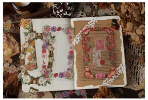 Vintage botanical journaling stickers and decorative background paper set for scrapbooking.