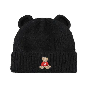 Black knitted beanie hat with cute bear ears and embroidered bear detail for winter warmth