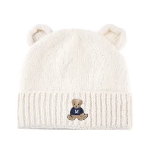 Cute bear ears knitted beanie warm winter hat with embroidery cartoon casual style