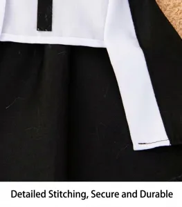 Close-up detail shot of black and white pet costume collar, fine stitching and durable quality.
