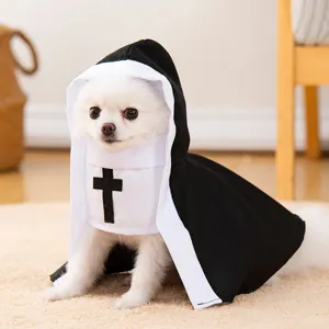 Cute Halloween pet nun costume for dogs, funny black and white puppy cosplay apparel outfit.